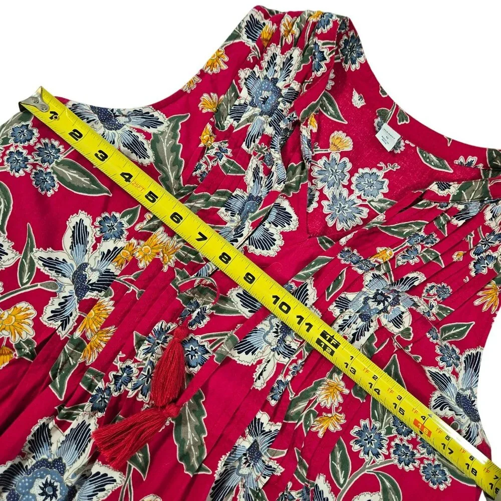 Old Navy Red Floral Boho Sleeveless Dress Womens M Rayon Tassel Tie Neck Pleated - Picture 7 of 12